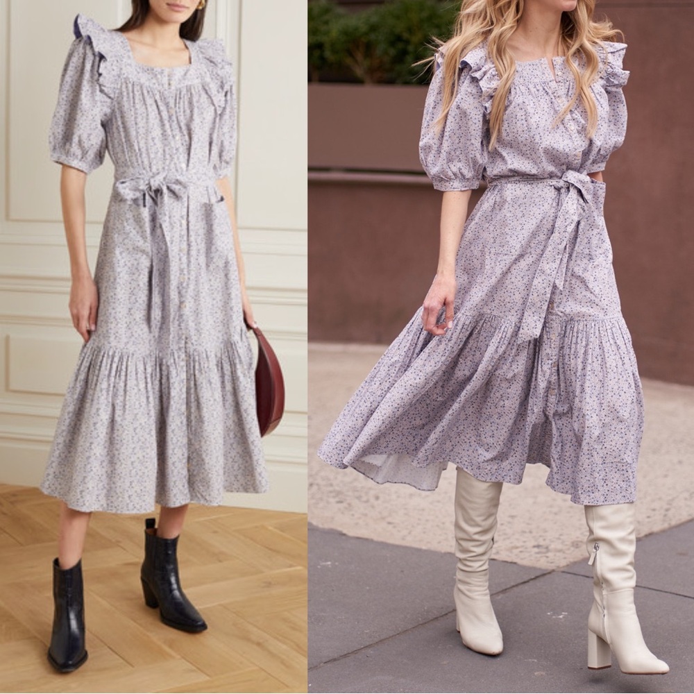 DOEN Lavender Floral Corduroy Ruffle Puff Sleeve Belted Cottagecore Malta Dress